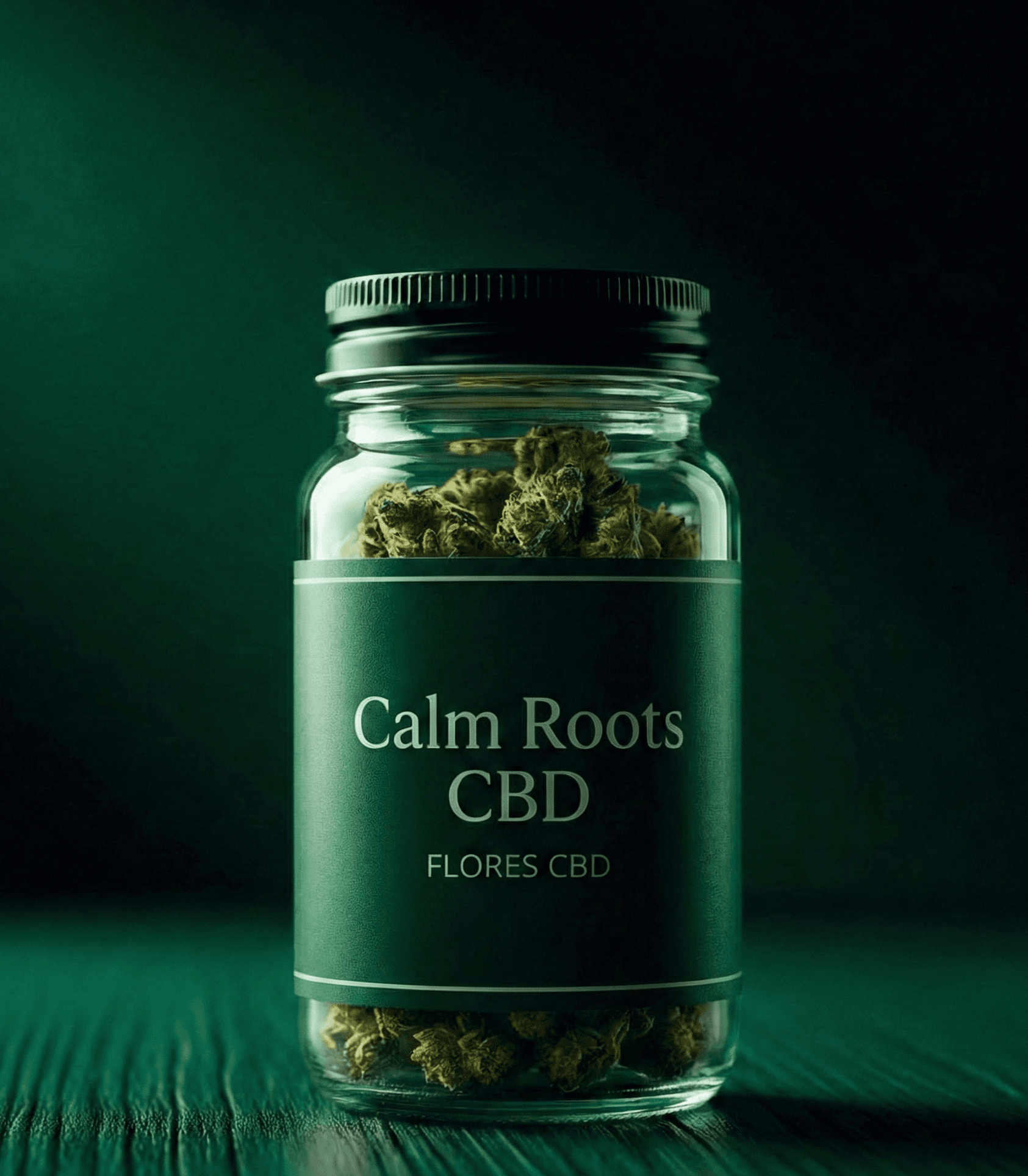 Frasco de vidrio con flores de CBD premium al granel.