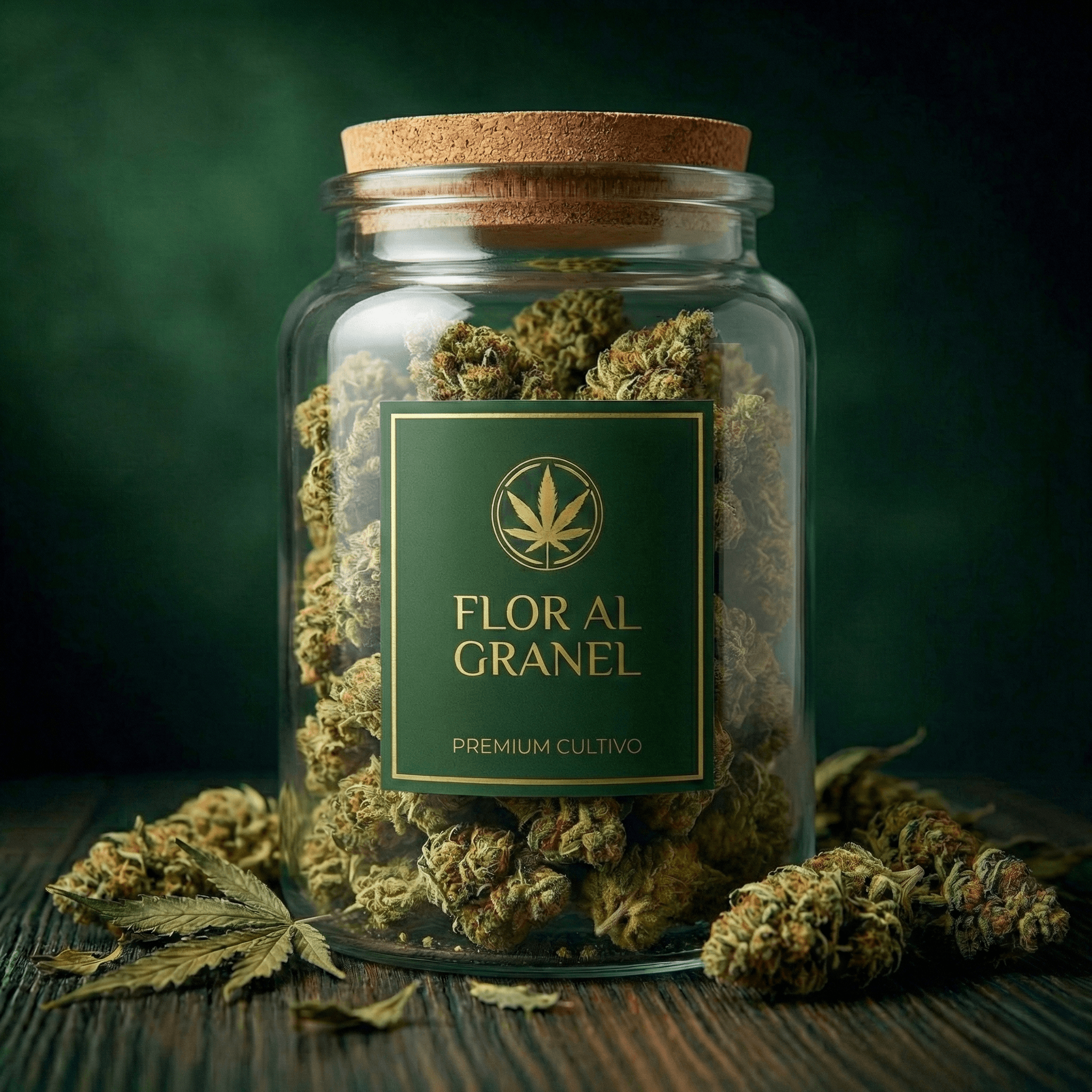 Frasco de vidrio con flores de CBD premium al granel.